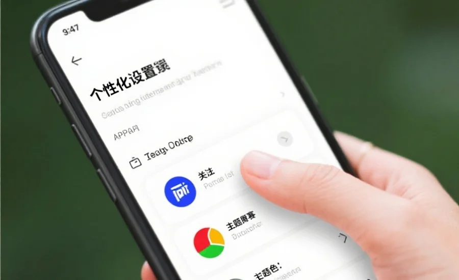 APP界面展示个性化设置选项，用户正在自定义关注的赛事和主题色彩，画面简洁现代